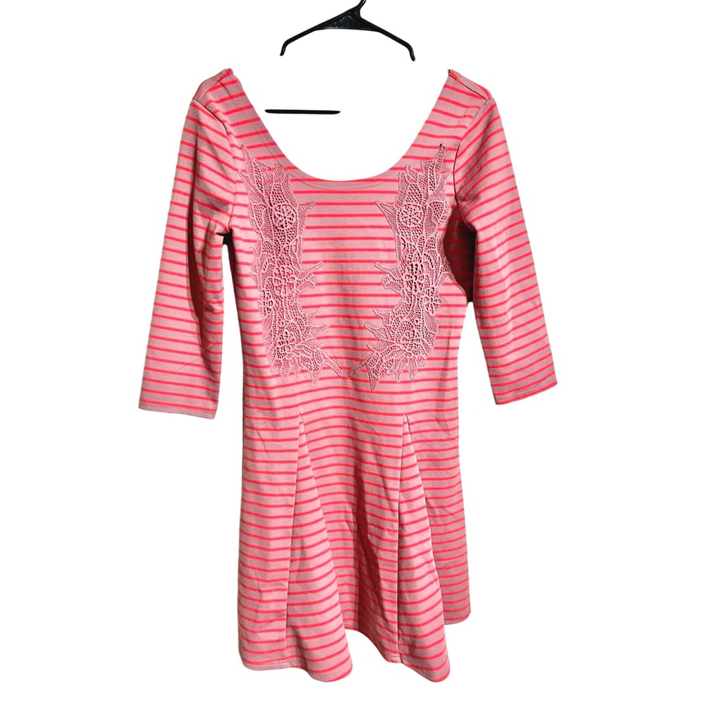 Free People Striped Crochet Lace Fit Flare Mini Dress Mauve Pink Boho Indie